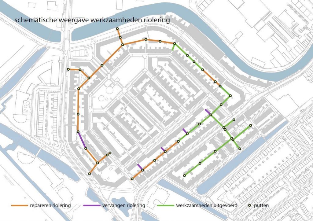 Kaart van de Vogelbuurt waar de werkzaamheden aan de riolering op staan. Een deel wordt gerepareerd, een deel vervangen en een deel is klaar.