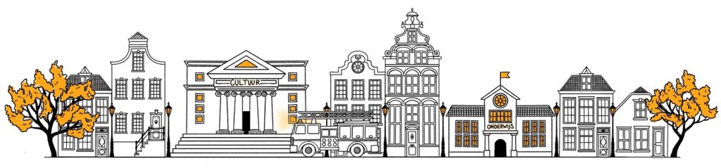 De afbeelding is een tekening van een aantal huizen/gebouwen op een rij. De afbeelding hoort bij de tekst die hieronder staat.