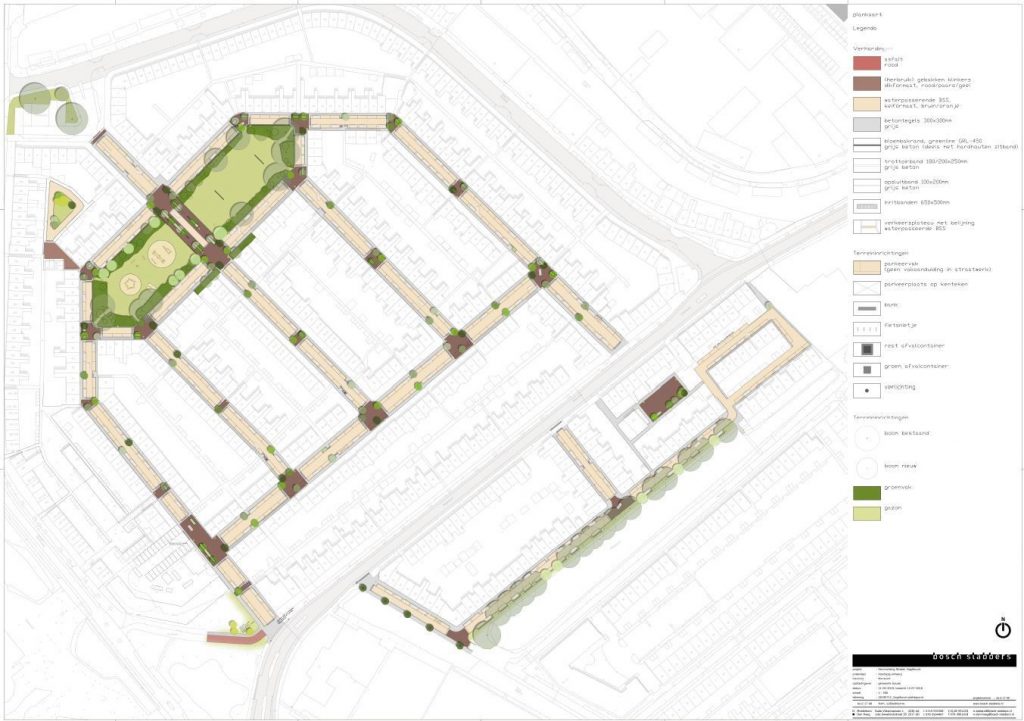 Kaart van de Vogelbuurt met daarop het ontwerp van de openbare ruimte en de keuze voor de bomen,