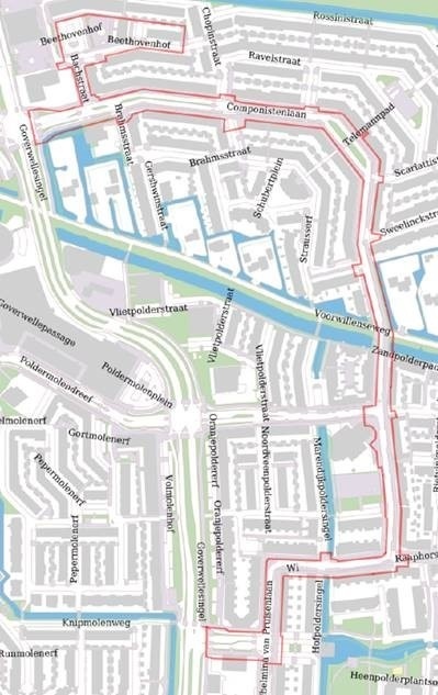 Kaartje van Goverwelle-Oost waarop de straten gekleurd zijn aangegeven waar de werkzaamheden komen. Het Lakepolderplein, de Wilhelmina van Pruisenlaan, de Componistenlaan, de Bachstraat en een deel van het Beethovenhof.