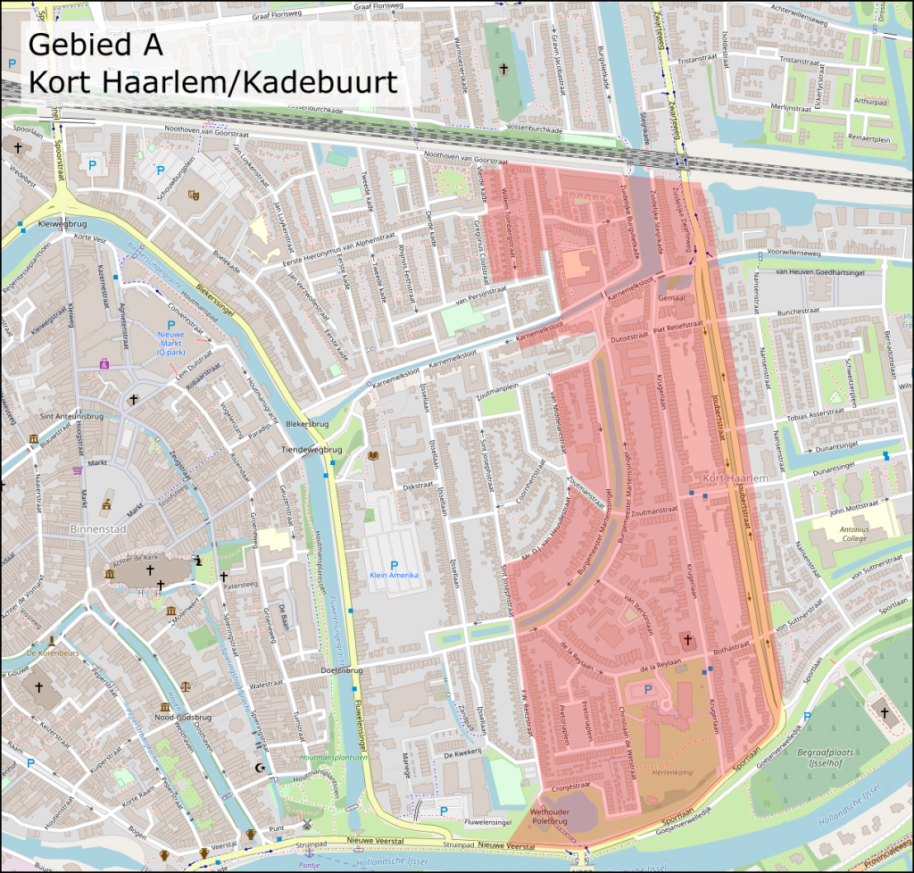 Kaartje waarop te zien is in welk gebied in Kort Haarlem/Kadenbuurt het onderzoek naar gereguleerd parkeren start. Het wordt grofweg begrensd door de Sportlaan, Joubertstraat, Noothoven van Goorstraat, Vierde Kade, Gregorius Coolstraat, Meester D.J. van Heusdenstraat, Van Middelantstraat, St Josephstraat en F.W. Reitzstraat.