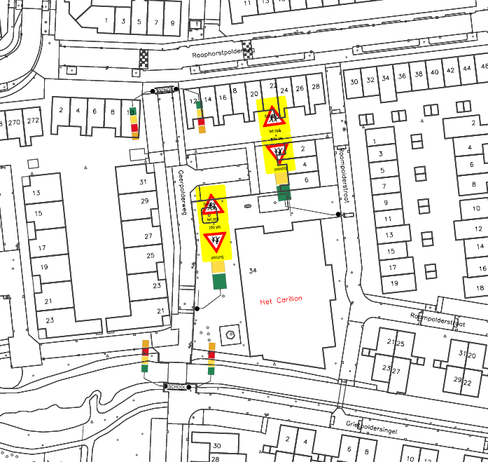 Kaartje met daarop aangegeven waar de schoolzone komt. Er komen wegmarkeringen, kleine en hoge regenboogpalen op de Raaphorstpolderweg, Geerpolderweg, Roompolderstraat en Grietpoldersingel.