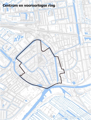 Kaart waarop het centrum en de vooroorlogse ring staan ingetekend