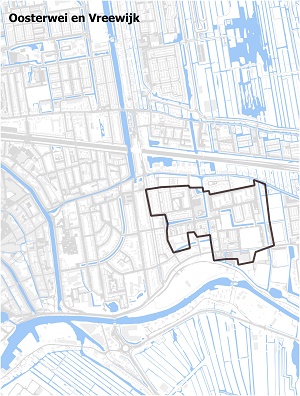 Kaart waarop Oosterwei en Vreewijk staan ingetekend