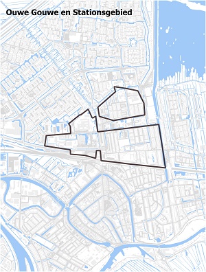 Kaart waarop Ouwe Gouwe en het stationsgebied staan ingetekend