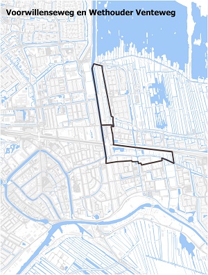 Kaart waarop Voorwillenseweg en Wethouder Venteweg staan ingetekend