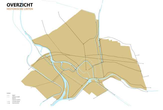 De kaart biedt een overzichtelijk beeld van de historische lintenstructuur van Gouda. Dit kaartbeeld bevat zowel de weg- (zwarte lijnen) als de waterlinten (blauw). Verdwenen linten zijn gestippeld. De linten zijn doorgetrokken in de binnenstad, om zo de totale structuur duidelijk te maken. Van historische linten die beginnen en eindigen op Gouds grondgebied wordt begin- en eindpunt met een bolletje aangegeven.