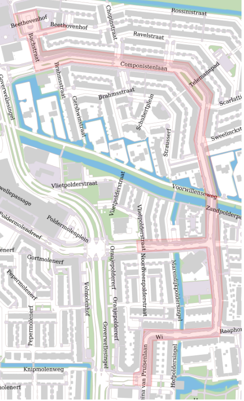 Kaartje van Goverwelle-Oost waarop de straten gekleurd zijn aangegeven waar de werkzaamheden komen. Het Lakepolderplein, de Wilhelmina van Pruisenlaan, de Componistenlaan, de Vrijehoefpolderweg, de Bachstraat en een deel van het Beethovenhof.