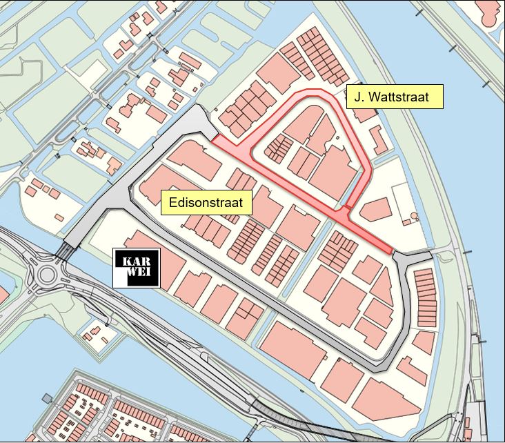 Op de kaart is het projectgebied te zien. Het projectgebied omvat de Edisonstraat, vanaf de kruising met de Macronistraat tot aan de kruising met de Voltaweg, en de gehele James Wattstraat. Dit is op het bedrijventerrein Gouwestroom.