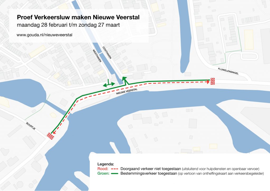 Kaart van het projectgebied verkeersluw maken Nieuwe Veerstal. Het afgesloten gedeelte is op het kaartje aangegeven.
Op de afbeelding staat de tekst 'Proef verkeersluw maken Nieuwe Veerstal. Maandag 28 februari t/m zondag 27 maart. www.gouda.nl/nieuweveerstal'.
Met een rode lijn is aangegeven waar het verkeer niet is toegestaan (hulpdiensten en openbaar vervoer zijn wel toegestaan). Met een groene lijn is aangegeven waar bestemmingsverkeer is toegestaan (op vertoon van de ontheffingskaart).