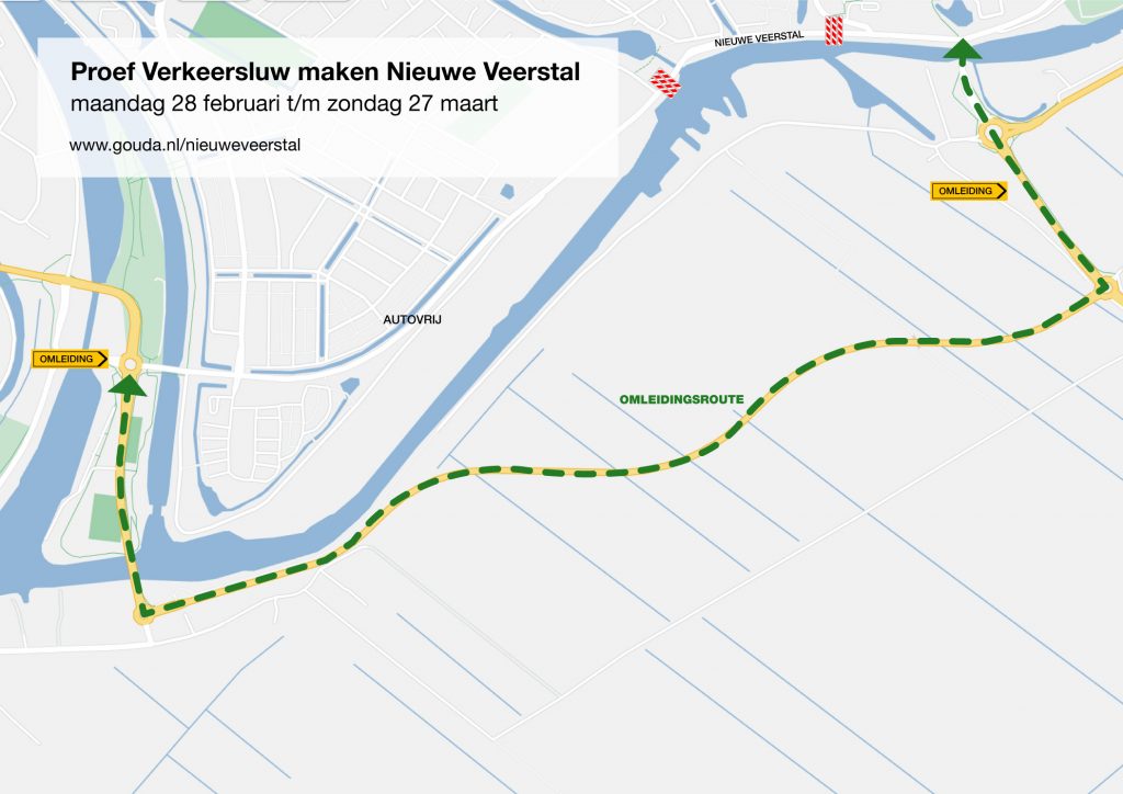 Op het kaartje is de omleidingsroute van de Nieuwe Veerstal te zien