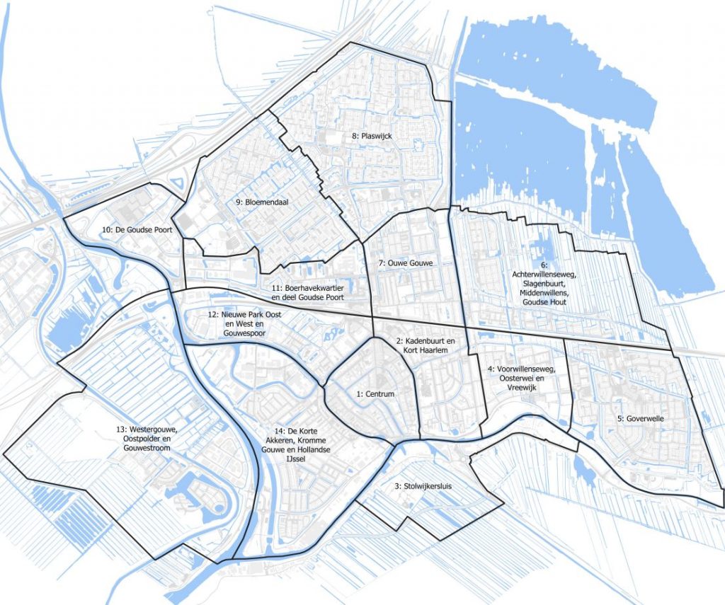 Kaart van Gouda met de 14 gebieden waar de gemeente een wijkmobiliteitsplan voor opstelt.