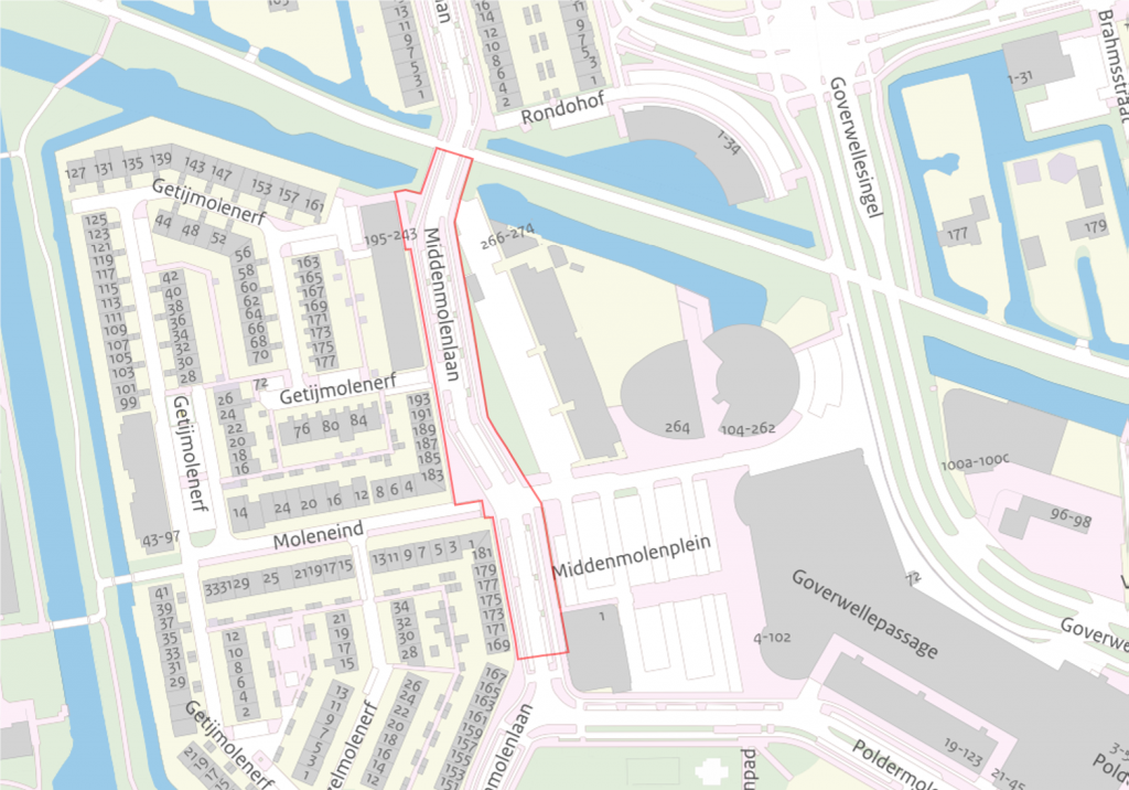 Kaartje van de Middenmolenlaan. De Middenmolenlaan is tot de kruisingen met de Poldermolendreef en de Voowillenseweg omcirkelt. Op de kaart staan ook de zijstraten die naar dit gebied lopen aangegeven, namelijk Getijmolenerg, Moleneind en Middenmolenplein.