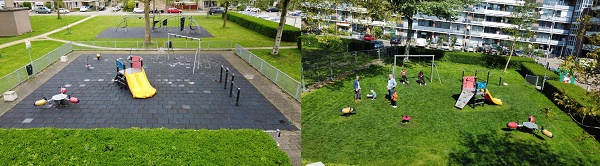 In de speeltuin aan de Marathonlaan is afgelopen jaar gras-tech als valondergrond aangelegd. Op de foto links ziet u hoe de speeltuin er vroeger uit zag. De rechterfoto laat u zien hoe de speeltuin er uitziet na de aanleg van gras-tech: de rubbermatten zijn bijna niet meer te zien. De rubbermatten zorgen voor bescherming van het gras als ondergrond. Hiermee blijft het grasoppervlak altijd zijn functie behouden.