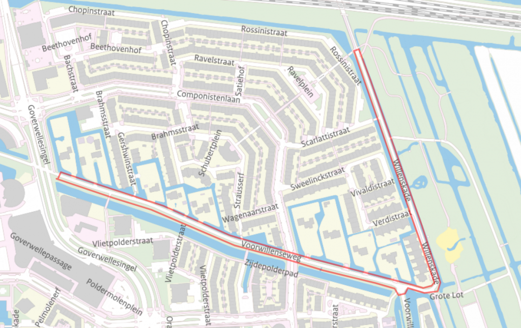 Kaartje van het projectgebied waarop de Voorwillenseweg tussen de Goverwellesingel en Grote Lot en Willenskade tussen het Telemanpad en Grote Lot zijn gemarkeerd.