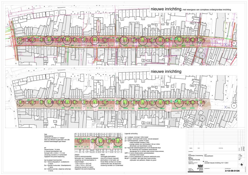 Tekening van het ontwerp Nieuwehaven, waarin wordt uitgelegd waar welke bomen komen en hoe de inrichting van de straat wordt.