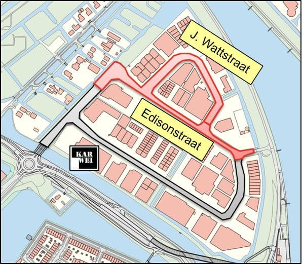 Op de kaart is het projectgebied te zien. Het projectgebied omvat de gehele Edisonstraat inclusief de kruisingen, de gehele James Wattstraat en de helft van de Voltaweg, vanaf de kruising met de Edisonstraat tot en met de inrit bij het bedrijf Zwanenburg Auto’s. Dit is op het bedrijventerrein Gouwestroom.