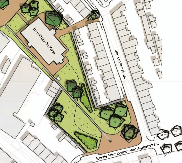 Een tekening van het gebied waar eerst de school De Ark stond. U ziet tekeningen van bomen en gras en buurthuis De Kade, de Jan Luykenstraat en Eerste Hieronymus van Alphenstraat.