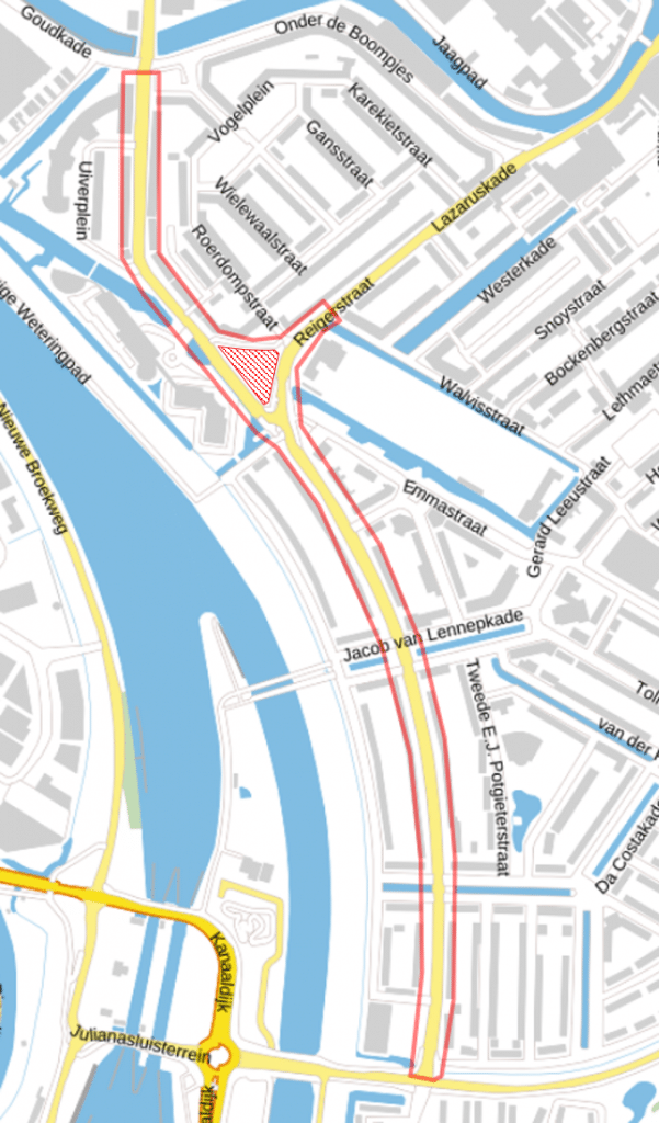 Een kaart van een deel van Gouda, met gearceerd het projectgebied. Het projectgebied loopt van de Rotterdamseweg tot het Oranjeplein , en vanaf het Oranjeplein tot de kruising met de Goudkade en Onder de Boompjes. Ook een stukje van de Reigerstraat ter hoogte van basisschool De Goudakker behoort tot het projectgebied.