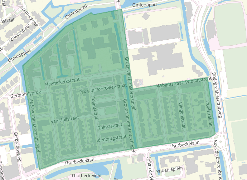 Op de kaart staat het projectgebied dat wordt omsloten door: Thorbeckelaan, De Savornin Lohmansingel, Omlooppad, Groen van Prinsterersingel, Wibautstraat en de Troelstralaan.