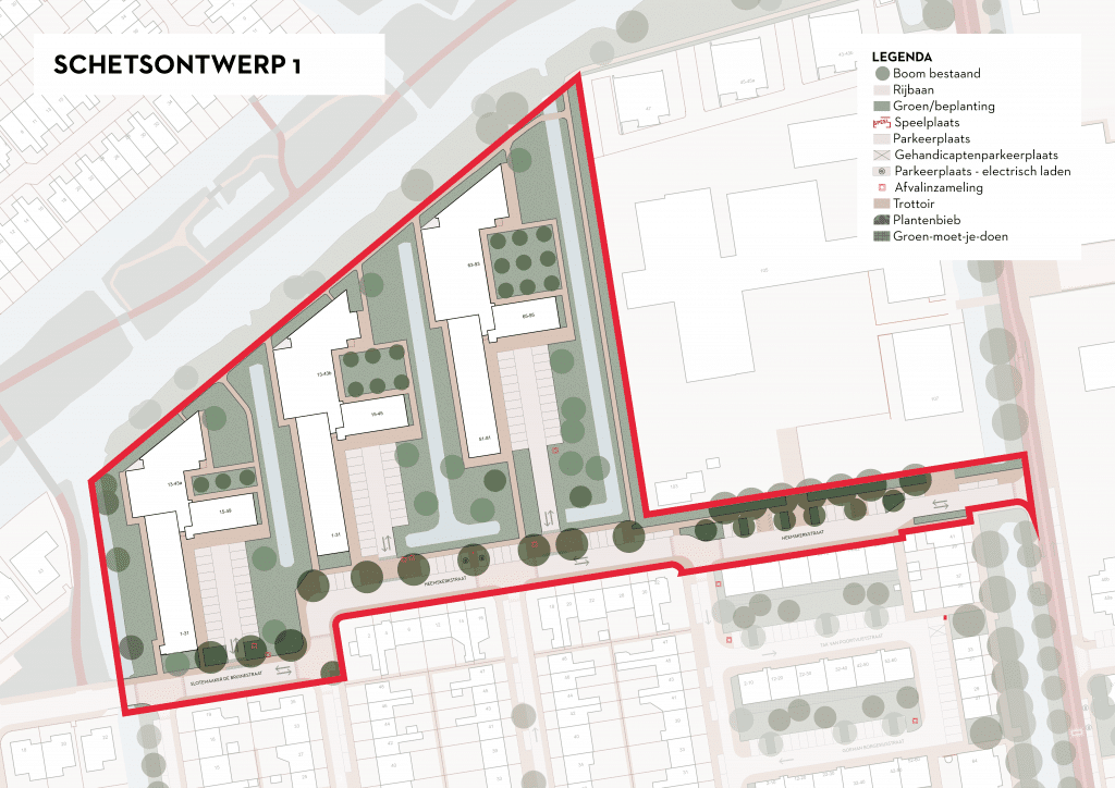 De afbeelding betreft een plattegrond van Ouwe Gouwe Noord waarin is ingezoomd op de Heemskerkstraat en Slotemaker de Bruïnestraat. Als deze variant wordt gekozen, passen we de wegen en parkeerplaatsen aan naar de Goudse Standaard. We brengen dan ook enkele asverspringingen en plateaus ter plekke van kruisingen aan en we voegen bomen toe om in te spelen op de klimaatverandering. We vergroenen de straat verder door bloemrijke grassen aan te brengen. Ook zorgen we er bij deze variant voor dat richting het Omlooppad een natuurlijke inrichting van de groene buitenruimte wordt gerealiseerd, in aansluiting op het groen bij het Omlooppad.