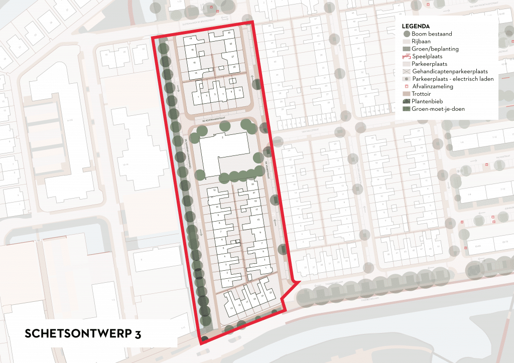 De afbeelding betreft een plattegrond van Ouwe Gouwe Noord waarin is ingezoomd op de De Savornin Lohmansingel, De Visserstraat en de Thorbeckelaan huisnummers 13 tot en met 23 (oneven). Als deze variant wordt gekozen, passen we de wegen en parkeerplaatsen aan aan de Goudse Standaard. We verwijderen wilgen en vullen aan met nieuwe laanbomen. Het aanbrengen van grasmengsel aan de slootkanten. Ook zorgen we er bij deze variant voor het toevoegen van drempels. In de Visserstraat passen we de wegen en parkeerplaatsen aan naar de Goudse Standaard. Er komt meer vergroening door het toevoegen van laanbomen in de straat en grote boomvakken met lage heesters. Ook zorgen we er bij deze variant voor het toevoegen van drempels.