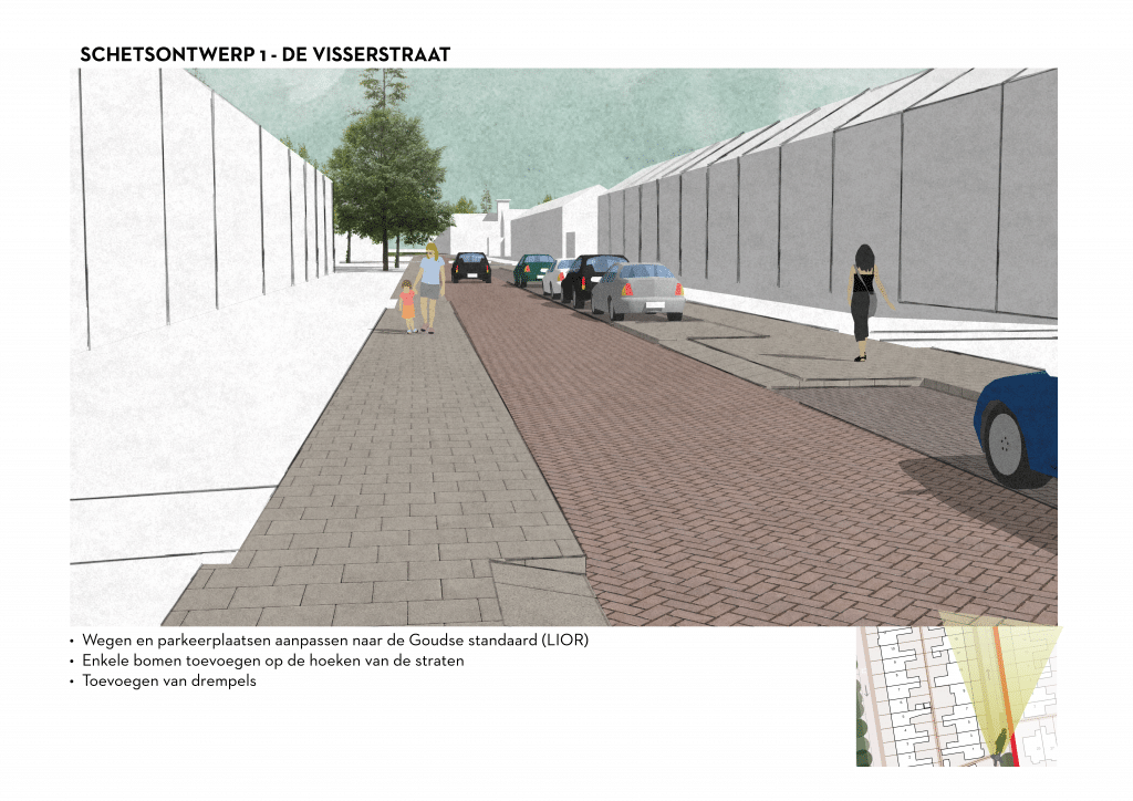 De afbeelding betreft een 3D schets van de Visserstraat voor schetsontwerpvariant 1. Onder de afbeelding zijn de volgende aanpassingen opgesomd: • Wegen en parkeerplaatsen aanpassen naar de Goudse standaard (LIOR). • Enkele bomen toevoegen op de hoeken van de straten. • Toevoegen van drempels.