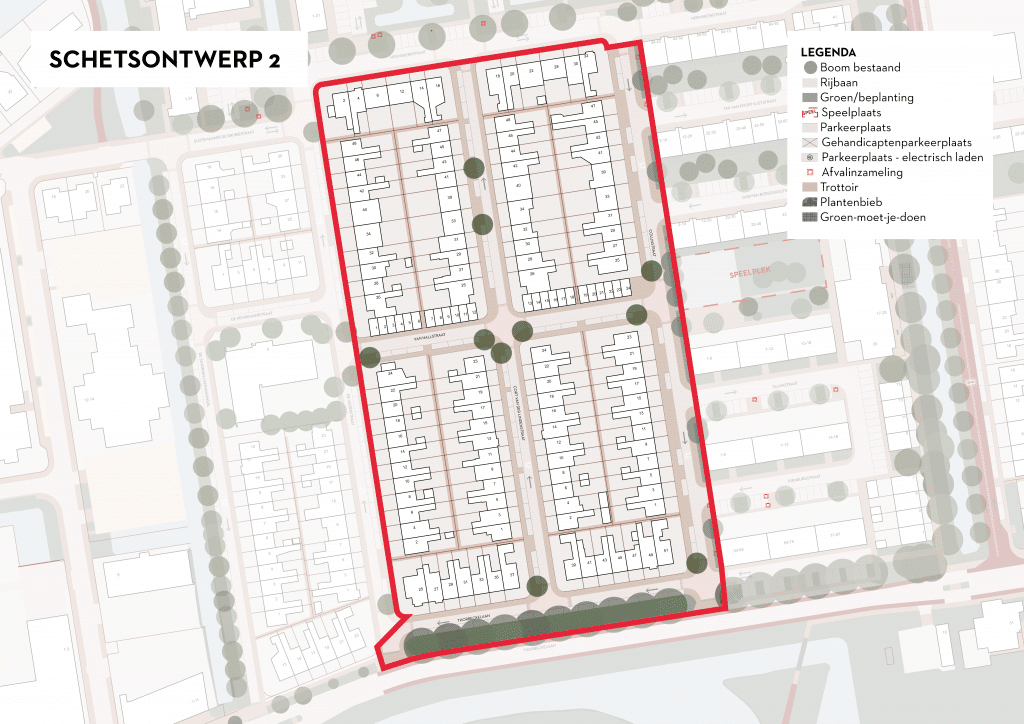 De afbeelding betreft een plattegrond van Ouwe Gouwe Noord waarin is ingezoomd op de Cort van der Lindestraat, Colijnstraat, van Hallstraat en de Thorbeckelaan huisnummers 89 tot en met 135 (oneven). In de plattegrond is een voorstel gedaan voor de herinrichting van deze straten. Het uitgangspunt is het terugbrengen van de huidige situatie en de straten weer laten voldoen aan de eisen van deze tijd, waarbij extra aandacht aan het parkeren wordt gegeven. Het aantal parkeerplaatsen wordt gehandhaafd. Er worden in deze variant enkele extra bomen geplant, waar dit niet ten koste van parkeerplaatsen gaat.