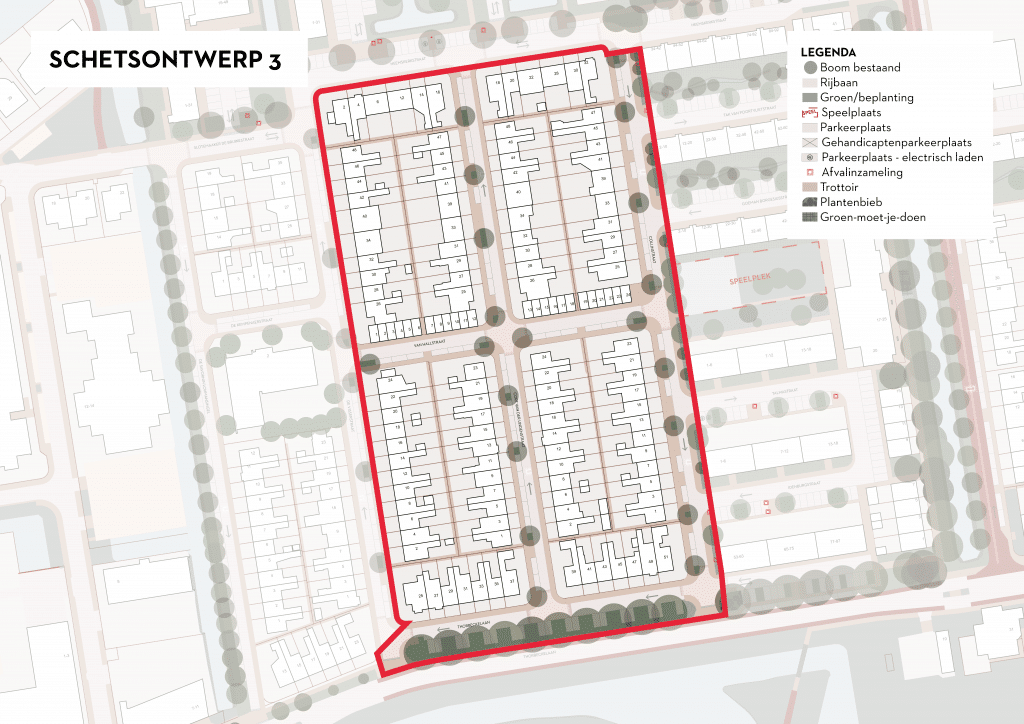 De afbeelding betreft een plattegrond van Ouwe Gouwe Noord waarin is ingezoomd op de Cort van der Lindestraat, Colijnstraat, van Hallstraat en de Thorbeckelaan huisnummers 89 tot en met 135 (oneven). Als deze variant wordt gekozen, passen we in deze straten de weg en parkeerplaatsen aan aan de Goudse Standaard. In de Cort van der Lindestraat wordt een asverspringing in de straat aangebracht. De straat wordt vergroend middels het plaatsen van enkele laanbomen en door boomvakken te vergroten en er lage heesters in te planten . Ook zorgen we er bij deze variant voor het toevoegen van drempels. In de Thorbeckelaan wordt het parkeren veranderd van langsparkeren naar haaks parkeren, zonder verlies van bomen. Dit doen we in deze variant om extra bomen in omliggende straten te kunnen planten. Er wordt extra vergroening gerealiseerd door een kruidenrijk grasmengsel in de middenberm aan te brengen. Op de kruisingen van straten worden drempelplateaus toegevoegd.