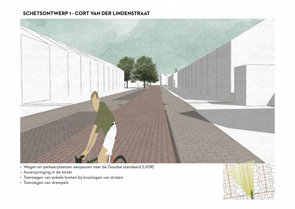 De afbeelding betreft een 3D schets van de Cort van der Lindestraat voor schetsontwerpvariant 1. Onder de afbeelding zijn de volgende aanpassingen opgesomd: • Wegen en parkeerplaatsen aanpassen naar de Goudse standaard (LIOR). • Asverspringingen in de straat • Toevoegen van enkele bomen bij kruisingen van straten • Toevoegen van drempels