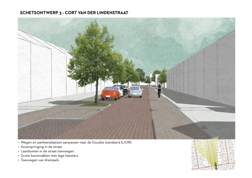 De afbeelding betreft een 3D schets van de Cort van der Lindestraat voor schetsontwerpvariant 3. Onder de afbeelding zijn de volgende aanpassingen opgesomd: • Wegen en parkeerplaatsen aanpassen naar de Goudse standaard (LIOR). • Asverspringingen in de straat • Laanbomen in de straat toevoegen • Grote boomvakken met lage heesters • Toevoegen van drempels