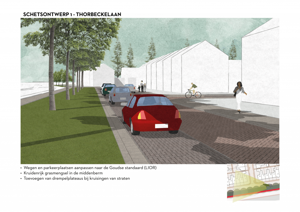 De afbeelding betreft een 3D schets van de Thorbeckelaan voor schetsontwerpvariant 1. Onder de afbeelding zijn de volgende aanpassingen opgesomd: • Wegen en parkeerplaatsen aanpassen naar de Goudse standaard (LIOR). • Kruidenrijk grasmengsel in de middenberm • Toevoegen van drempelplateaus bij kruisingen van straten