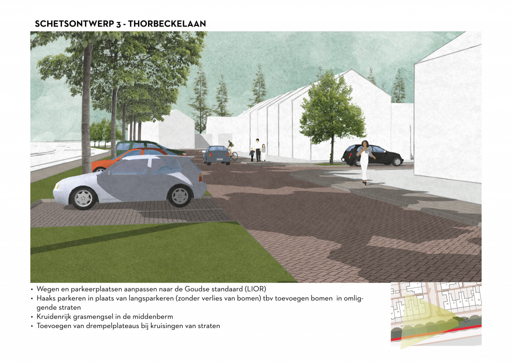De afbeelding betreft een 3D schets van de Thorbeckelaan voor schetsontwerpvariant 3. Onder de afbeelding zijn de volgende aanpassingen opgesomd: • Wegen en parkeerplaatsen aanpassen naar de Goudse standaard (LIOR). • Haaks parkeren in plaats van langsparkeren (zonder verlies van bomen) ten behoeve van toevoegen van bomen in omliggende straten. • Kruidenrijk grasmengsel in de middenberm • Toevoegen van drempelplateaus bij kruisingen van straten