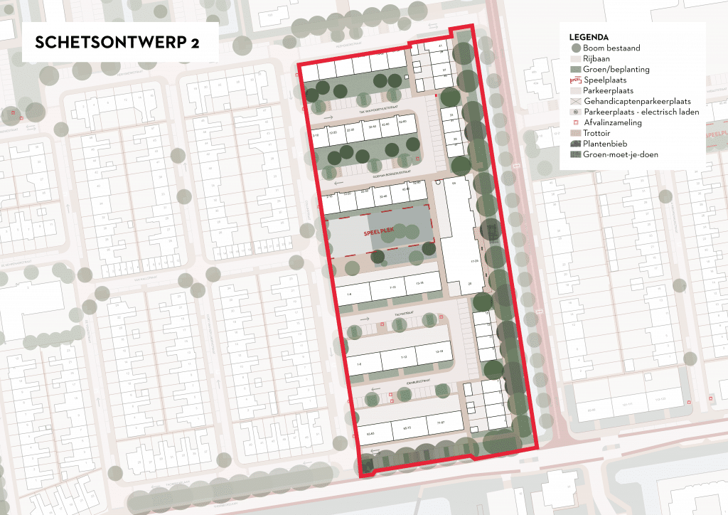 De afbeelding betreft een plattegrond van Ouwe Gouwe Noord waarin is ingezoomd op de Tak van Poortvlietstraat, Talmastraat, Idenburgstraat, Groen van Prinsterersingel huisnummers 1 tot en met 41 (oneven) en de Thorbeckelaan huisnummers 53 tot en met 87 (oneven). In de plattegrond is een voorstel gedaan voor de herinrichting van deze straten. Het uitgangspunt is het terugbrengen van de huidige situatie en de straten weer laten voldoen aan de eisen van deze tijd, waarbij extra aandacht aan het parkeren wordt gegeven. De Groen van Prinsterersingel wordt tot fietsstraat getransformeerd. Het aantal parkeerplaatsen wordt uitgebreid ten behoeve van de ontwikkeling van het PWA kazerneterrein. Bij hoogbouw worden fietsparkeerplaatsen aangelegd. Er worden in deze variant enkele extra bomen geplant, waar dit niet ten koste van parkeerplaatsen gaat.