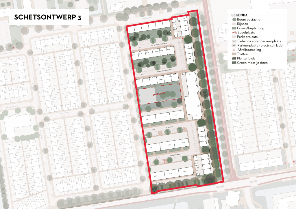 De afbeelding betreft een plattegrond van Ouwe Gouwe Noord waarin is ingezoomd op de Tak van Poortvlietstraat, Talmastraat, Idenburgstraat, Groen van Prinsterersingel huisnummers 1 tot en met 41 (oneven) en de Thorbeckelaan huisnummers 53 tot en met 87 (oneven). Als deze variant wordt gekozen, passen we in deze straten de wegen en parkeerplaatsen aan naar de Goudse Standaard. In de Tak van Poortvlietstraat vergroten we de boomvakken door tegelverharding rondom de bomen te verwijderen. We voegen bomen toe in de plantsoenen. De Groen van Prinsterersingel transformeren we tot fietsstraat. Er worden langsparkeerplaatsen toegevoegd, ten behoeve van de ontwikkeling van het PWA kazerneterrein. In de straat worden enkele extra drempels aangebracht en worden enkele zieke bomen vervangen.