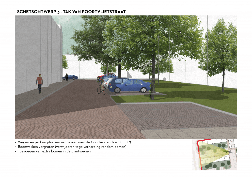De afbeelding betreft een 3D schets van de Tak van Poortvlietstraat voor schetsontwerpvariant 3. Onder de afbeelding zijn de volgende aanpassingen opgesomd: • Wegen en parkeerplaatsen aanpassen naar de Goudse standaard (LIOR). • Boomvakken vergroten (verwijderen van tegelverharding rondom bomen) • Toevoegen van bomen in de plantsoenen