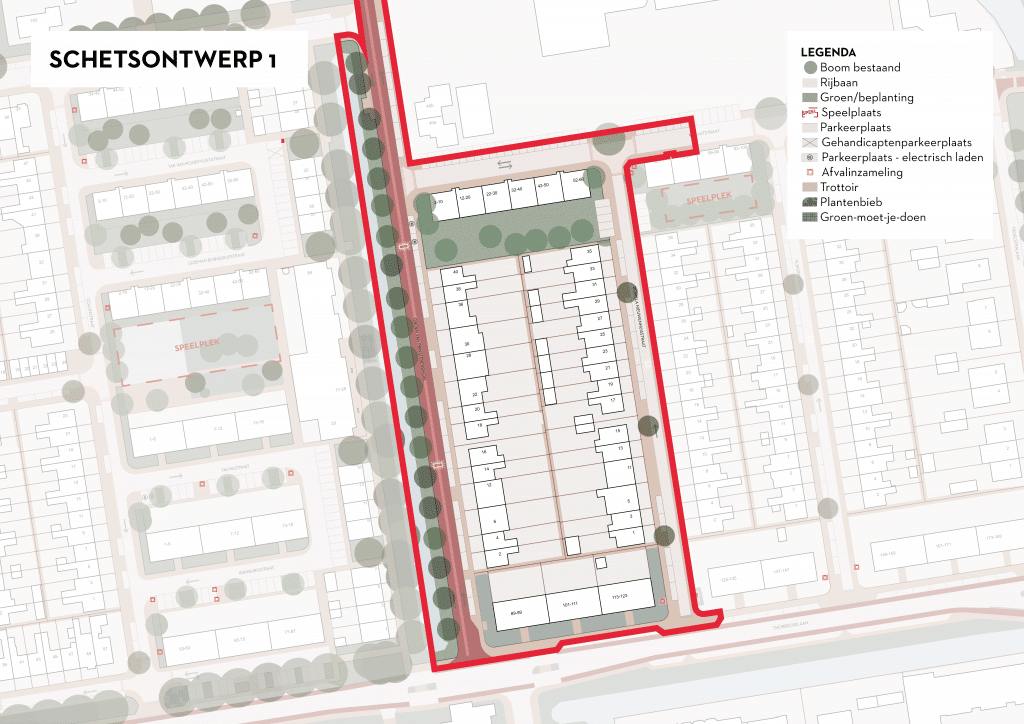 De afbeelding betreft een plattegrond van Ouwe Gouwe Noord waarin is ingezoomd op de Groen van Prinsterersingel huisnummers 2 tot en met 40b (even), Wibautstraat huisnummers 2 tot en met 90 (even) en de Thorbeckelaan huisnummers 89 tot en met 135 (oneven). Als deze variant wordt gekozen, passen we in deze straten de wegen en parkeerplaatsen aan naar de Goudse Standaard. De Groen van Prinsterersingel transformeren we tot fietsstraat. Er worden langsparkeerplaatsen toegevoegd, ten behoeve van de ontwikkeling van het PWA kazerneterrein. In de straat worden enkele extra drempels aangebracht en worden enkele zieke bomen vervangen. In de Domela Nieuwenhuisstraat wordt haaks parkeren toegevoegd en wordt de asverspringing verwijderd. Er wordt aan 1 zijde van de weg geparkeerd. Er wordt vergroend door middel van het toevoegen van enkele laanbomen. Ook zorgen we bij deze variant voor het toevoegen van drempels.