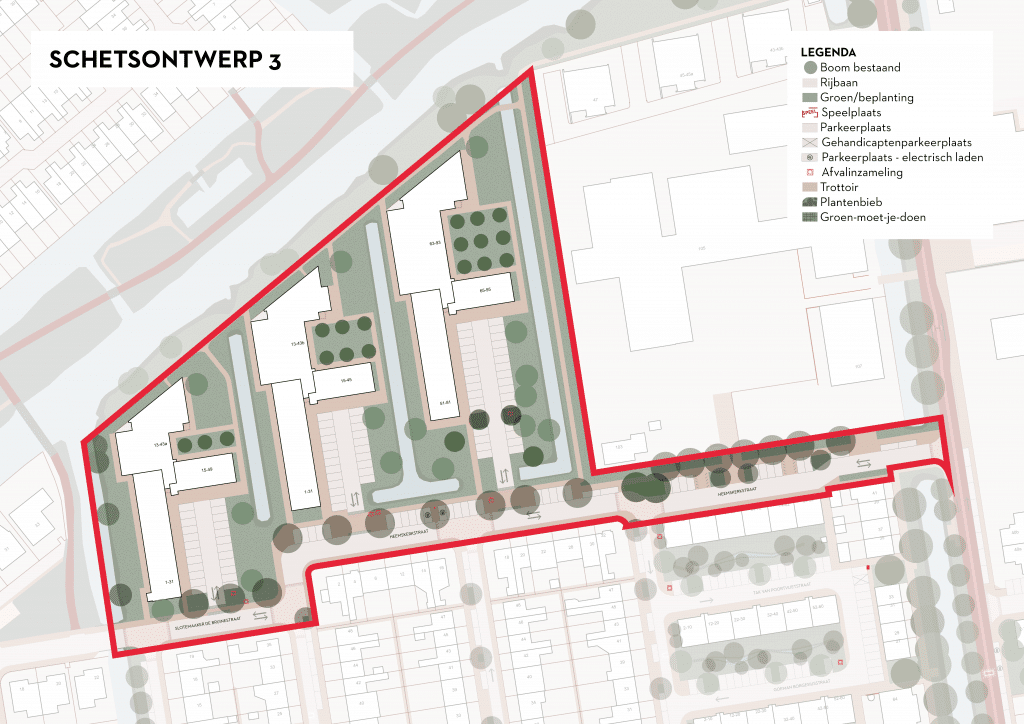 De afbeelding betreft een plattegrond van Ouwe Gouwe Noord waarin is ingezoomd op de Heemskerkstraat en Slotemaker de Bruïnestraat. Als deze variant wordt gekozen, passen we de wegen en parkeerplaatsen aan aan de Goudse Standaard. We brengen dan ook enkele asverspringingen en plateaus ter plekke van kruisingen aan en we voegen bomen toe in de Heemskerkstraat om in te spelen op de klimaatverandering. We vergroenen de straat verder door bloemrijke grassen aan te brengen. Ook zorgen we er bij deze variant voor dat richting het Omlooppad een natuurlijke inrichting van de groene buitenruimte wordt gerealiseerd, in aansluiting op het groen bij het Omlooppad. Aanvullend hierop worden extra bomen geplant ter plekke van de parkeervakken in de Slotemaker de Bruïnestraat.