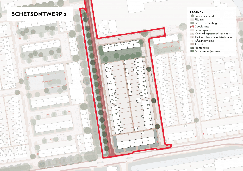 De afbeelding betreft een plattegrond van Ouwe Gouwe Noord waarin is ingezoomd op de Groen van Prinsterersingel huisnummers 2 tot en met 40b (even), Wibautstraat huisnummers 2 tot en met 90 (even) en de Thorbeckelaan huisnummers 89 tot en met 135 (oneven). In de plattegrond is een voorstel gedaan voor de herinrichting van deze straten. Het uitgangspunt is het terugbrengen van de huidige situatie en de straten weer laten voldoen aan de eisen van deze tijd, waarbij extra aandacht aan het parkeren wordt gegeven. De Groen van Prinsterersingel wordt tot fietsstraat getransformeerd. Het aantal parkeerplaatsen wordt uitgebreid ten behoeve van de ontwikkeling van het PWA kazerneterrein. Bij hoogbouw wordt fietsparkeren toegevoegd. Er worden in deze variant enkele extra bomen geplant, waar dit niet ten koste van parkeerplaatsen gaat.