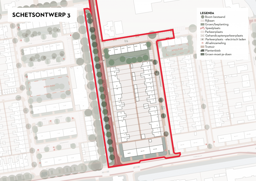 De afbeelding betreft een plattegrond van Ouwe Gouwe Noord waarin is ingezoomd op de Groen van Prinsterersingel huisnummers 2 tot en met 40b (even), Wibautstraat huisnummers 2 tot en met 90 (even) en de Thorbeckelaan huisnummers 89 tot en met 135 (oneven). Als deze variant wordt gekozen, passen we in deze straten de wegen en parkeerplaatsen aan naar de Goudse Standaard. De Groen van Prinsterersingel transformeren we tot fietsstraat. Er worden langsparkeerplaatsen toegevoegd, ten behoeve van de ontwikkeling van het PWA kazerneterrein. In de straat worden enkele extra drempels aangebracht en worden enkele zieke bomen vervangen. In de Domela Nieuwenhuisstraat wordt haaks parkeren toegevoegd en wordt de asverspringing verwijderd. Er wordt aan 1 zijde van de weg geparkeerd. Er wordt vergroend door middel van het toevoegen van enkele laanbomen. Ook zorgen we bij deze variant voor het toevoegen van drempels.