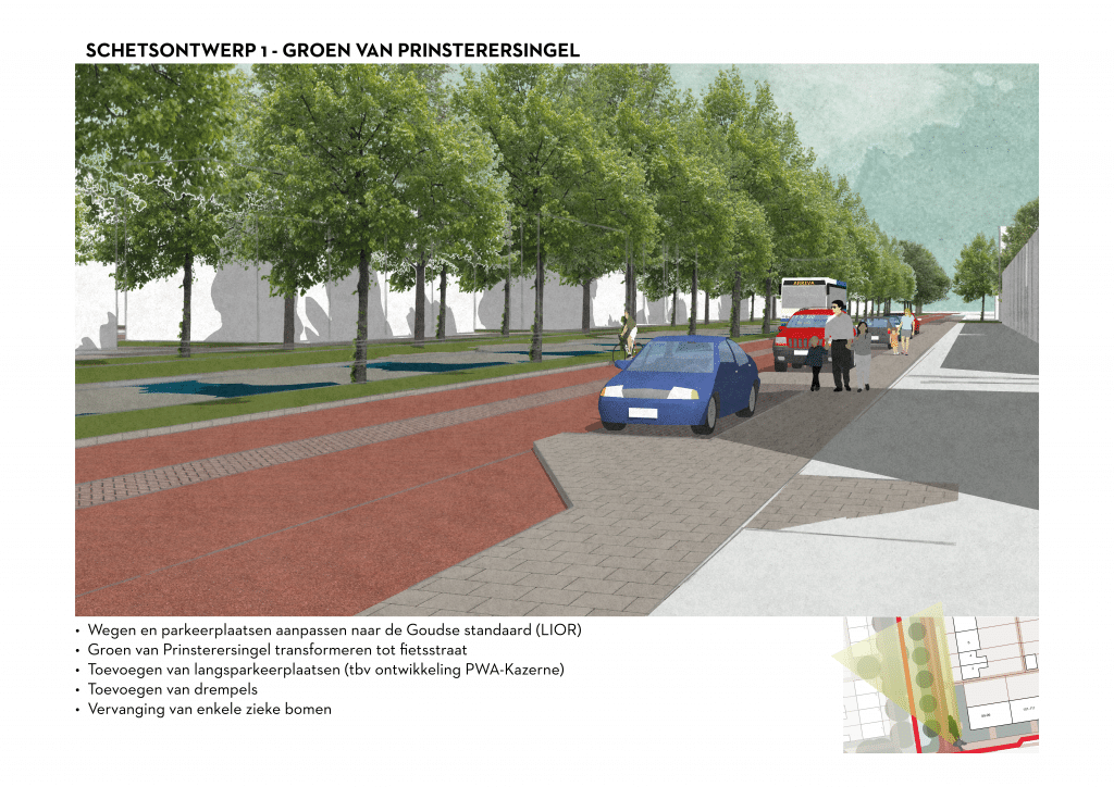 De afbeelding betreft een 3D schets van de Groen van Prinsterersingel voor schetsontwerpvariant 1. Onder de afbeelding zijn de volgende aanpassingen opgesomd: • Wegen en parkeerplaatsen aanpassen naar de Goudse standaard (LIOR). • Groen van Prinsterersingel transformeren tot fietsstraat • Toevoegen van langsparkeerplaatsen ten behoeve van de ontwikkeling van het PWA kazerneterrein • Toevoegen van drempels • Vervanging van enkele zieke bomen