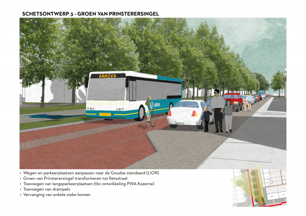 De afbeelding betreft een 3D schets van de Groen van Prinsterersingel voor schetsontwerpvariant 3. Onder de afbeelding zijn de volgende aanpassingen opgesomd: • Wegen en parkeerplaatsen aanpassen naar de Goudse standaard (LIOR). • Groen van Prinsterersingel transformeren tot fietsstraat • Toevoegen van langsparkeerplaatsen ten behoeve van de ontwikkeling van het PWA kazerneterrein • Toevoegen van drempels • Vervanging van enkele zieke bomen