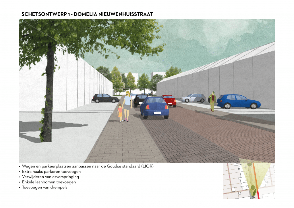 De afbeelding betreft een 3D schets van de Domela Nieuwenhuisstraat voor schetsontwerpvariant 1. Onder de afbeelding zijn de volgende aanpassingen opgesomd: • Wegen en parkeerplaatsen aanpassen naar de Goudse standaard (LIOR). • Extra haaks parkeren toevoegen • Verwijderen van asverspringing • Enkele laanbomen toevoegen • Toevoegen van drempels