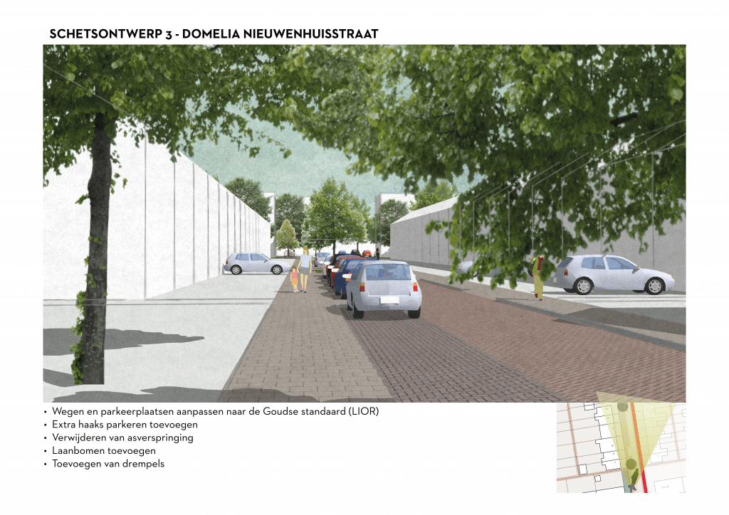 De afbeelding betreft een 3D schets van de Domela Nieuwenhuisstraat voor schetsontwerpvariant 3. Onder de afbeelding zijn de volgende aanpassingen opgesomd: • Wegen en parkeerplaatsen aanpassen naar de Goudse standaard (LIOR). • Extra haaks parkeren toevoegen • Verwijderen van asverspringing • Enkele laanbomen toevoegen • Toevoegen van drempels