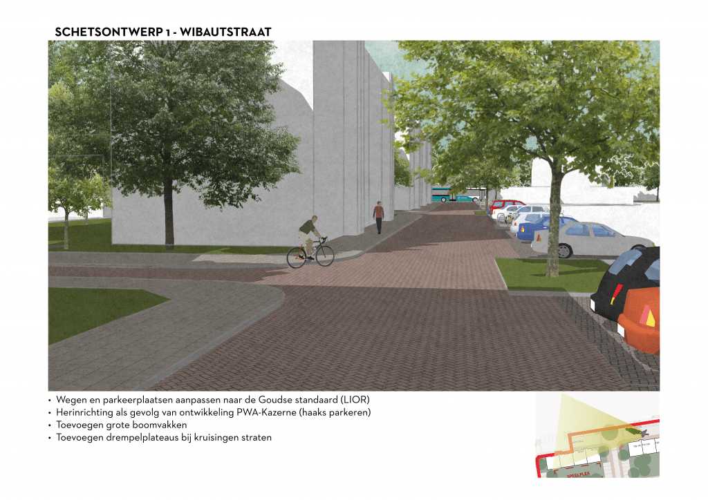 De afbeelding betreft een 3D schets van de Wibautstraat voor schetsontwerpvariant 1. Onder de afbeelding zijn de volgende aanpassingen opgesomd: • Wegen en parkeerplaatsen aanpassen naar de Goudse standaard (LIOR). • Herinrichting als gevolg van ontwikkeling van PWA kazerne (haaks parkeren) • Toevoegen grote boomvakken • Toevoegen drempelplateaus bij kruisingen straten