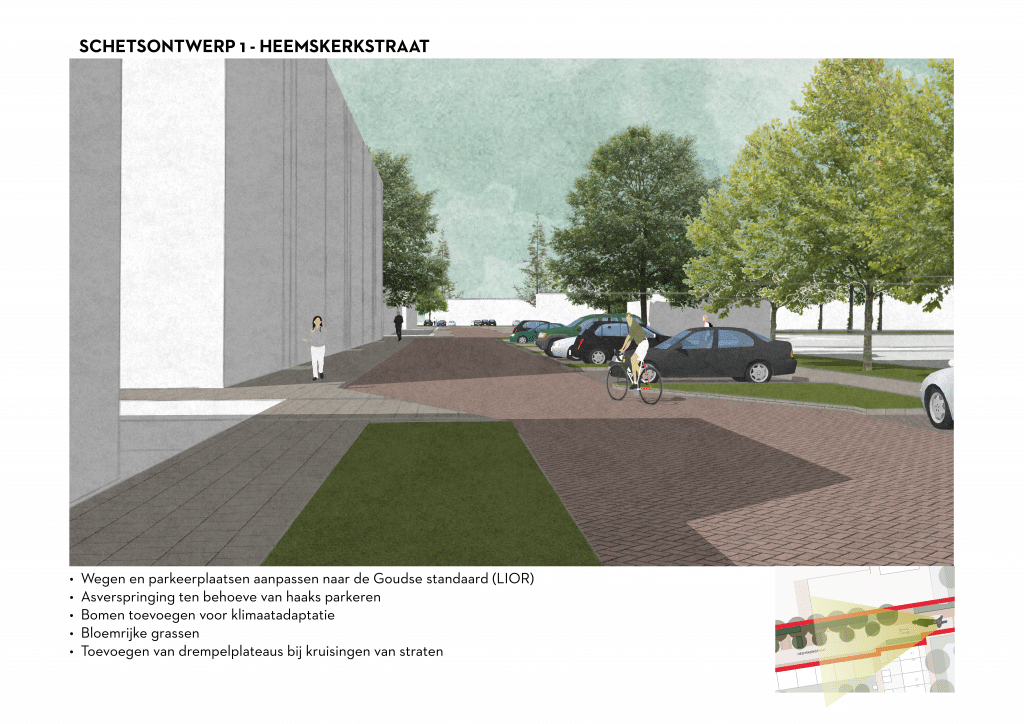 De afbeelding betreft een 3D schets van de Heemskerkstraat voor schetsontwerpvariant 1. Onder de afbeelding zijn de volgende aanpassingen opgesomd: • Wegen en parkeerplaatsen aanpassen naar de Goudse standaard (LIOR). • Asverspringingen ten behoeve van haaks parkeren • Bomen toevoegen voor klimaatadaptatie • Bloemrijke grassen • Toevoegen van drempelplateaus bij kruisingen van straten
