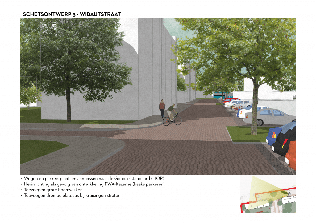 De afbeelding betreft een 3D schets van de Wibautstraat voor schetsontwerpvariant 3. Onder de afbeelding zijn de volgende aanpassingen opgesomd: • Wegen en parkeerplaatsen aanpassen naar de Goudse standaard (LIOR). • Herinrichting als gevolg van ontwikkeling van PWA kazerne (haaks parkeren) • Toevoegen grote boomvakken • Toevoegen drempelplateaus bij kruisingen straten