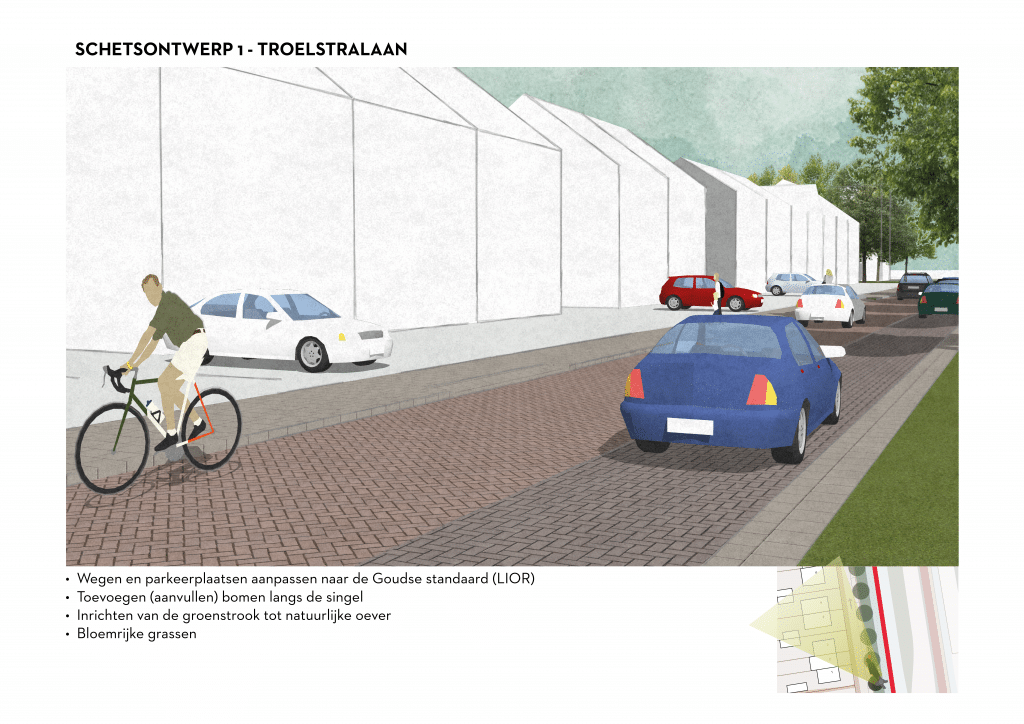 De afbeelding betreft een 3D schets van de Troelstralaan voor schetsontwerpvariant 1. Onder de afbeelding zijn de volgende aanpassingen opgesomd: • Wegen en parkeerplaatsen aanpassen naar de Goudse standaard (LIOR). • Toevoegen (aanvullen) bomen langs de singel • Inrichten van de groenstrook tot natuurlijke oever • Bloemrijke grassen