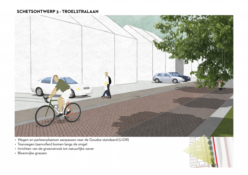 De afbeelding betreft een 3D schets van de Troelstralaan voor schetsontwerpvariant 3. Onder de afbeelding zijn de volgende aanpassingen opgesomd: • Wegen en parkeerplaatsen aanpassen naar de Goudse standaard (LIOR). • Toevoegen (aanvullen) bomen langs de singel • Inrichten van de groenstrook tot natuurlijke oever • Bloemrijke grassen