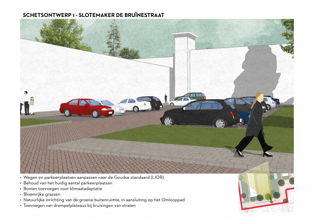 De afbeelding betreft een 3D schets van de Slotemaker de Bruïnestraat voor schetsontwerpvariant 1. Onder de afbeelding zijn de volgende aanpassingen opgesomd: • Wegen en parkeerplaatsen aanpassen naar de Goudse standaard (LIOR). • Behoud van het huidig aantal parkeerplaatsen • Bomen toevoegen voor klimaatadaptatie • Bloemrijke grassen • Natuurlijke inrichting van de groene buitenruimte, in aansluiting op het Omlooppad • Toevoegen van drempelplateaus bij kruisingen van straten